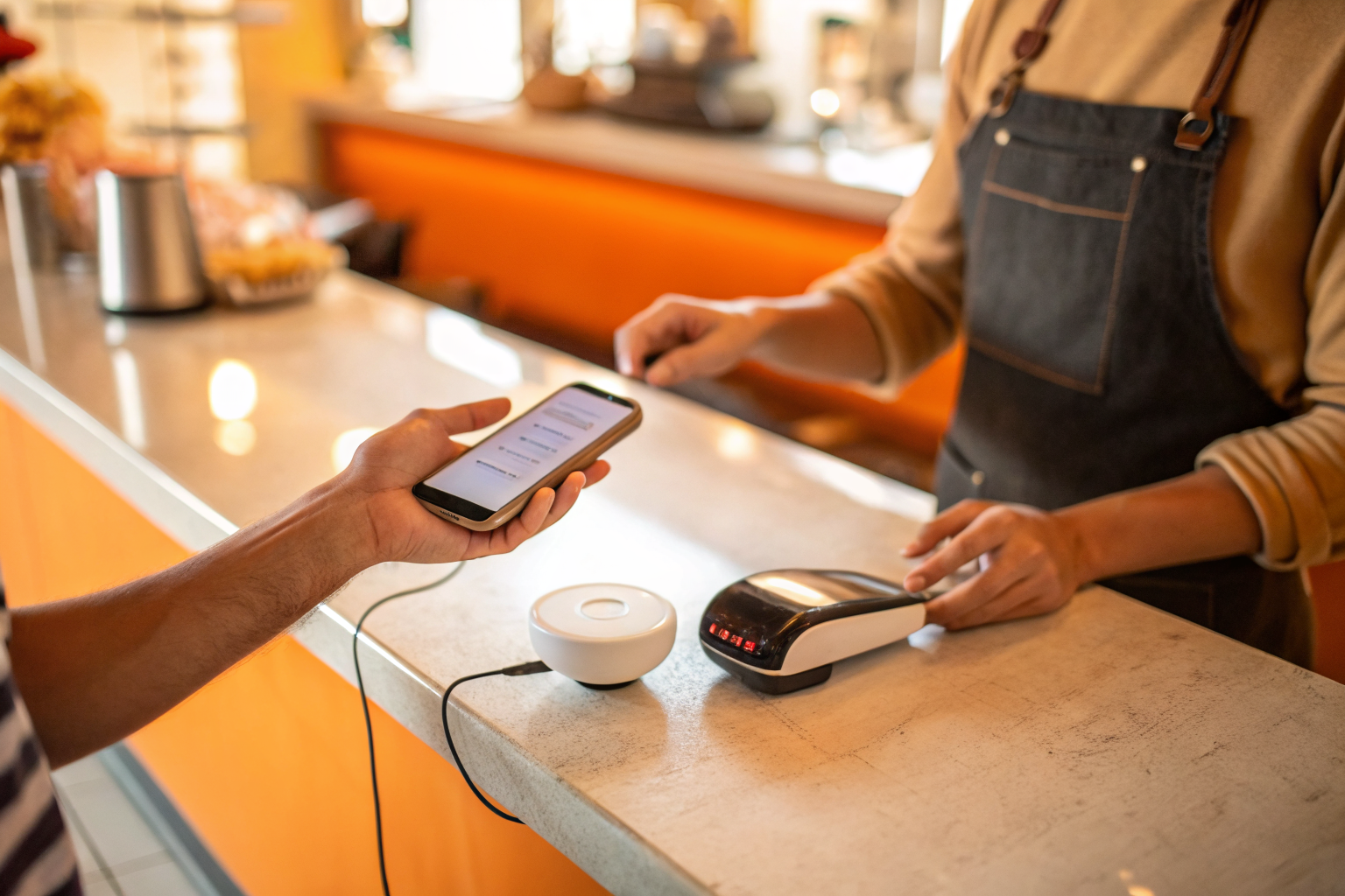 Staff tapping device at cafe counter